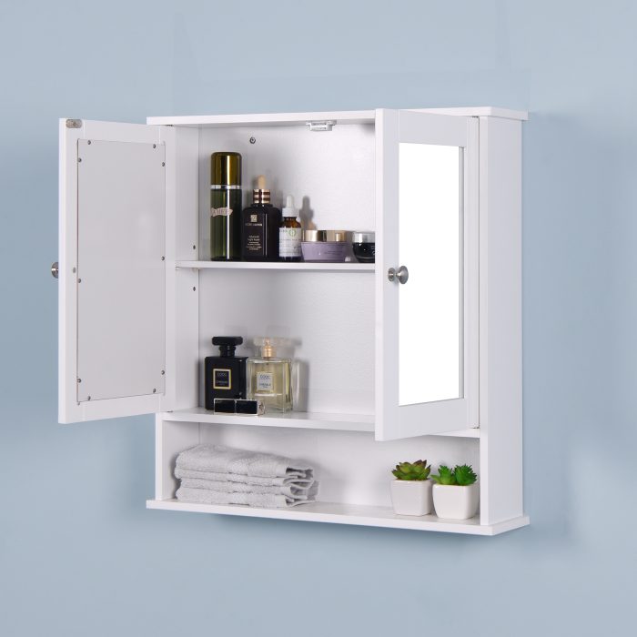 White Wall Mounted Bathroom Cabinet with 2 Mirror Doors and Adjustable Shelf